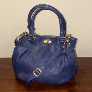 EUC J.Crew Navy Blue Genuine Leather Satchel Handbag w/ Crossbody Strap